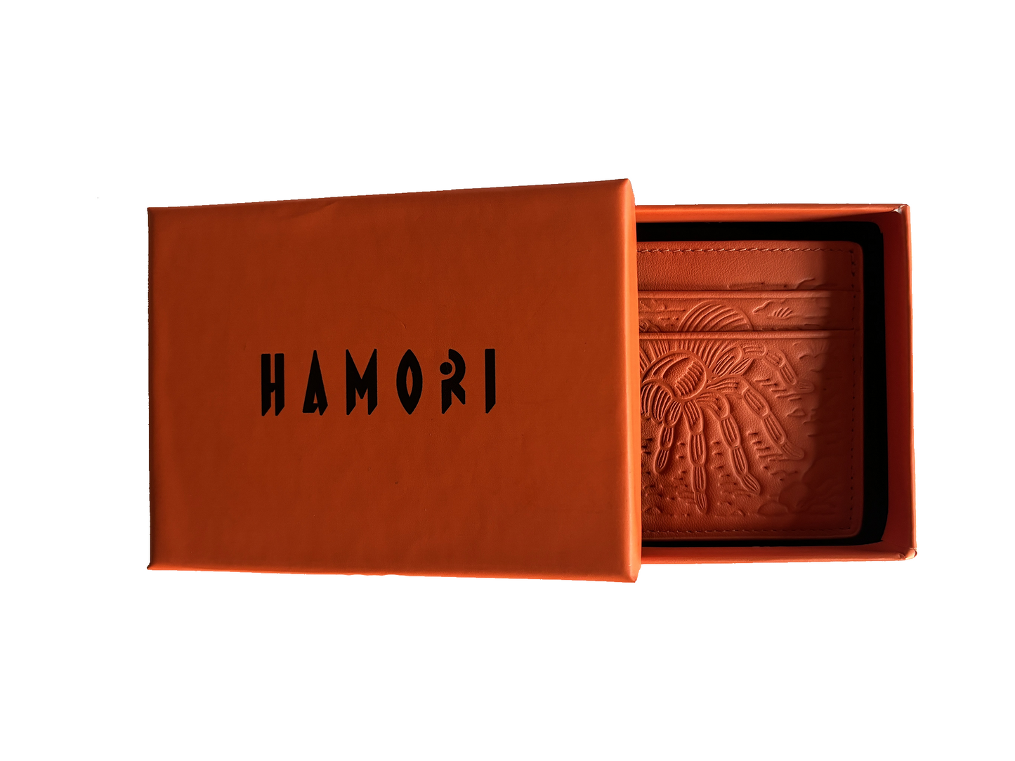 HAMORI orange cardholder inside branded packaging