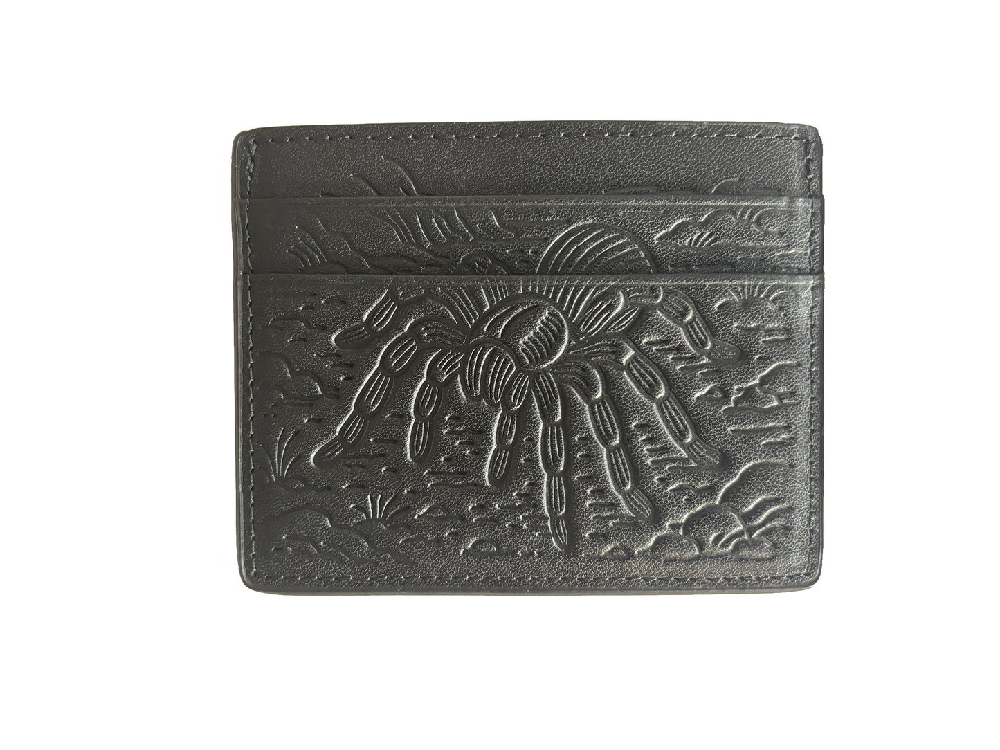 Front view of black HAMORI cardholder with debossed tarantula