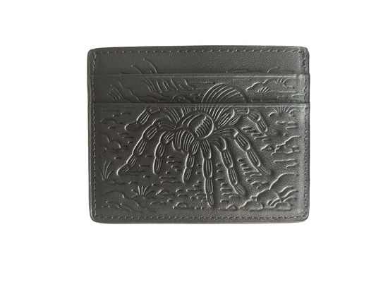 Front view of black HAMORI cardholder with debossed tarantula